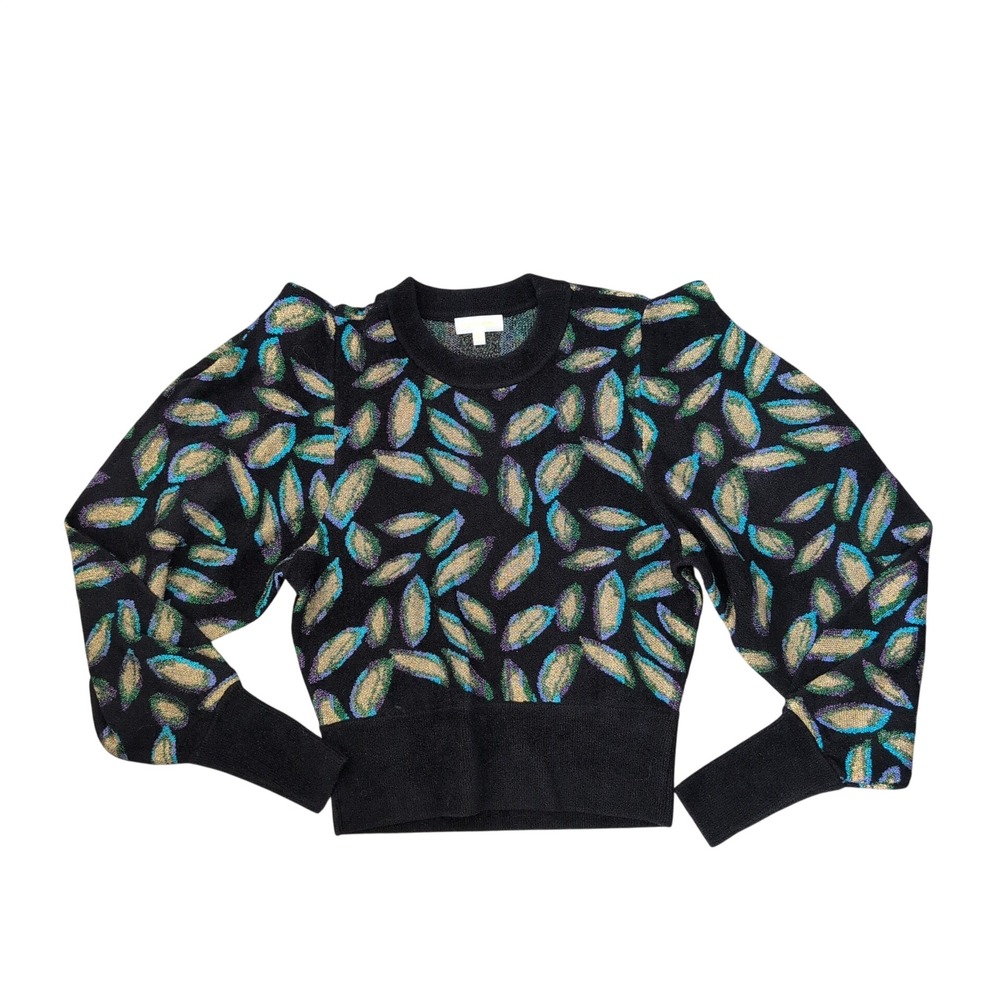 RONNY KOBO Black Leaf Statement Sweater Puff Shoulder Metallic Sparkle Small